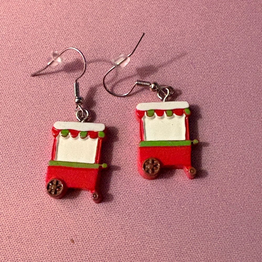 Hand Painted Red and White Toy Cart Earrings